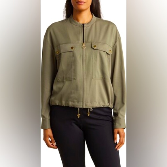 Ellen Tracy Olive Green Women's Drawcord Zip Front Utility Collarless Jacket XL - Picture 1 of 6